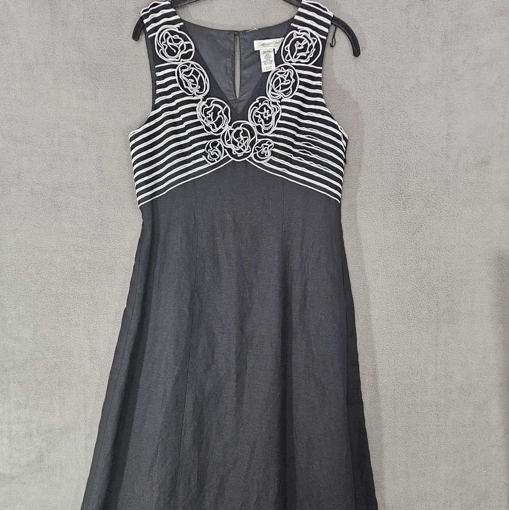 Coldwater Creek Linen Blend Dress Petite 10 Floral Textured Vneck Sleeveless BLK